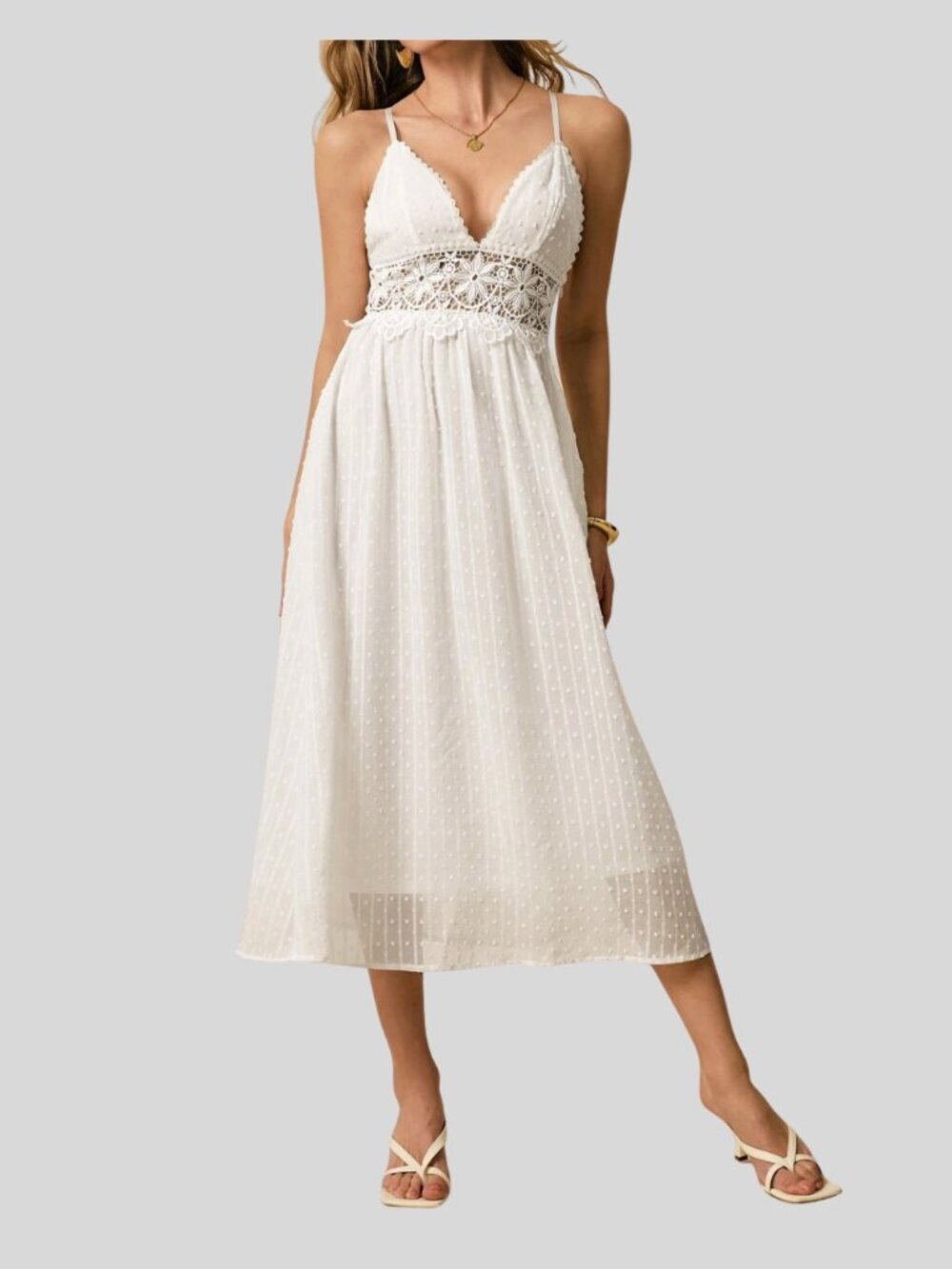 Boho White Swiss Dot Midi Dress with Crochet Lace Waist - Picture 4 of 13